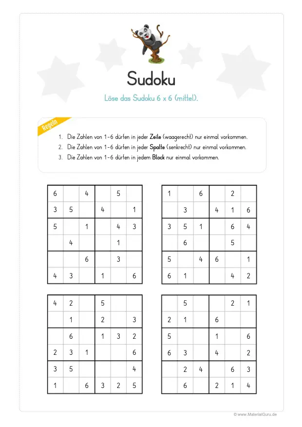 Sudoku für Kinder: 6x6 (mittel)