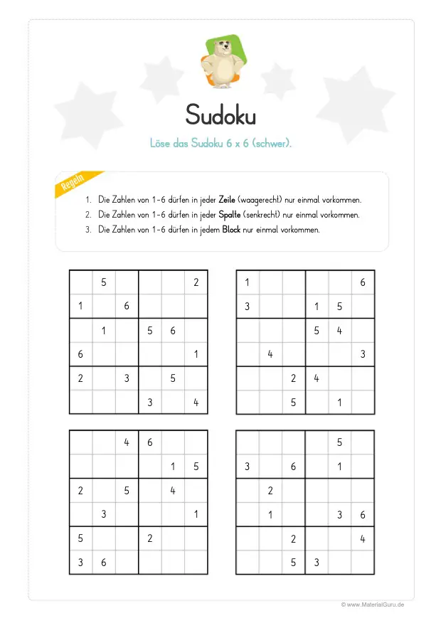 Sudoku für Kinder: 6x6 (schwer)