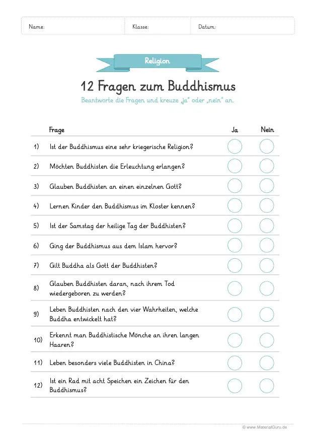 Arbeitsblatt Buddhismus: 12 Fragen mit richtig oder falsch beantworten