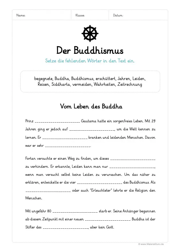 Arbeitsblatt: Lückentext Buddhismus