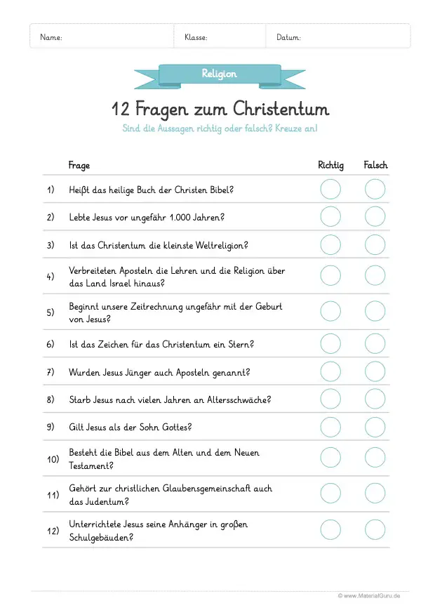 Arbeitsblatt Christentum: 12 Fragen mit richtig oder falsch beantworten