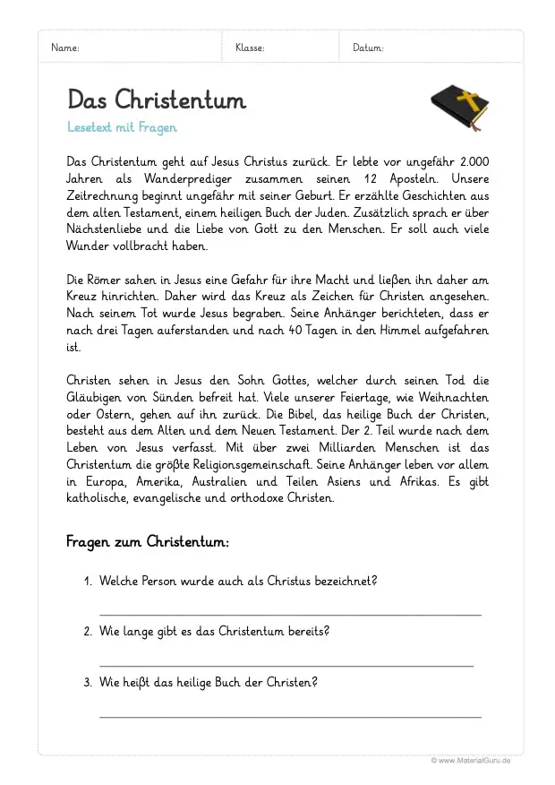 Arbeitsblatt: Lesetext zum Christentum (mit Fragen)