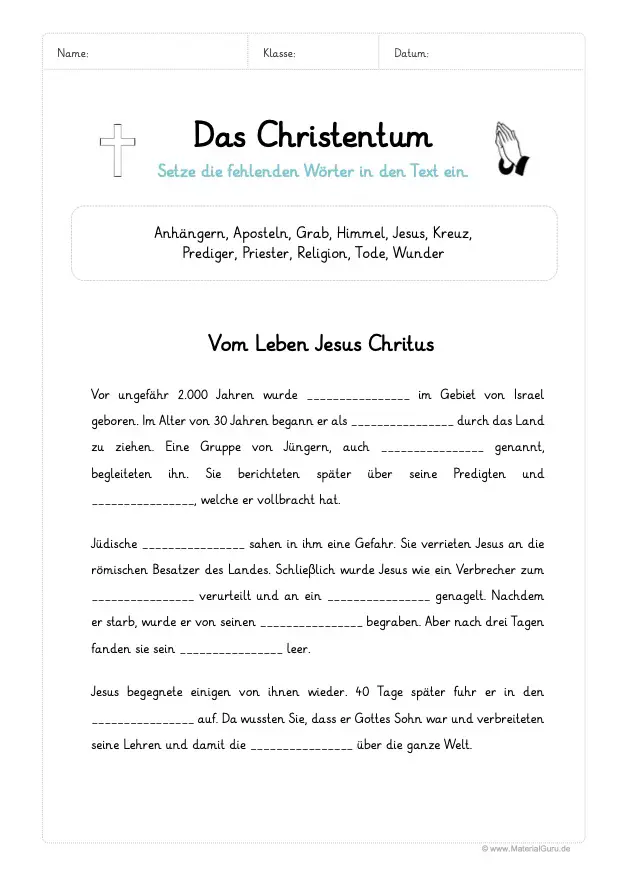 Arbeitsblatt: Lückentext zum Christentum