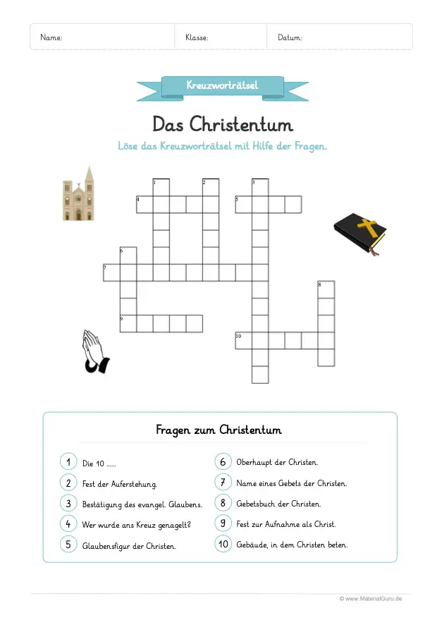 Arbeitsblatt: Kreuzworträtsel Christentum