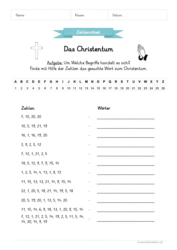 Arbeitsblatt: Zahlenrätsel Christentum