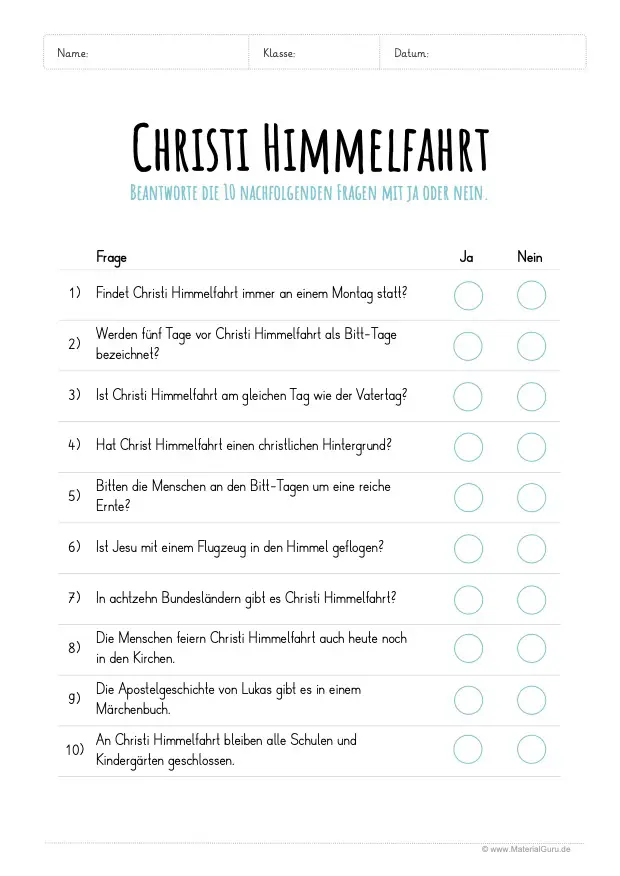 Arbeitsblatt: 10 Fragen zu Christi Himmelfahrt