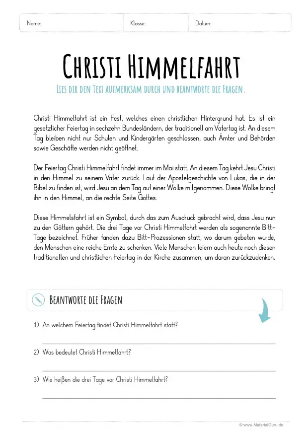 Arbeitsblatt: Lesetext zu Christi Himmelfahrt