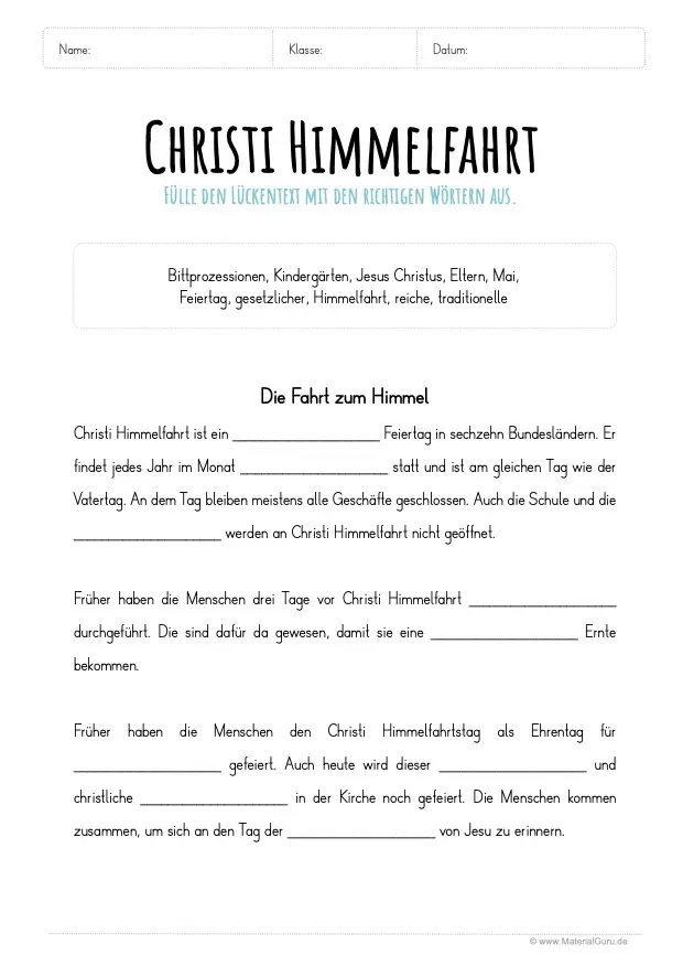 Arbeitsblatt: Lückentext zu Christi Himmelfahrt