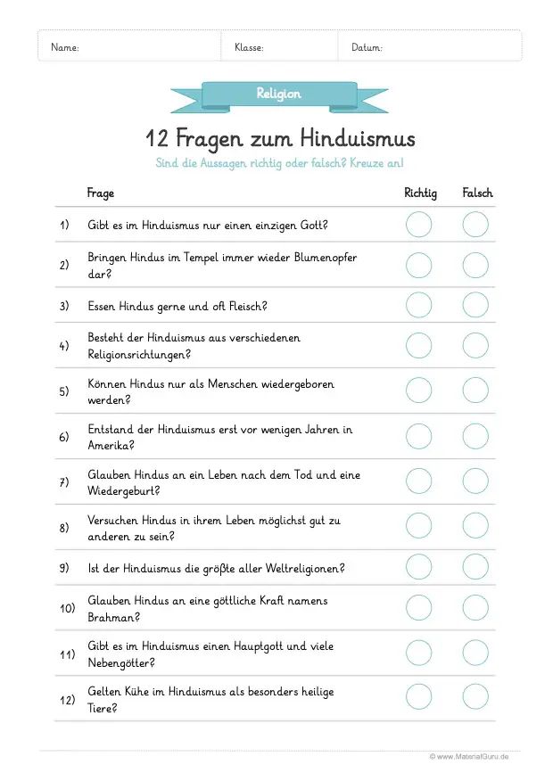 Arbeitsblatt Hinduismus: 12 Fragen mit richtig oder falsch beantworten