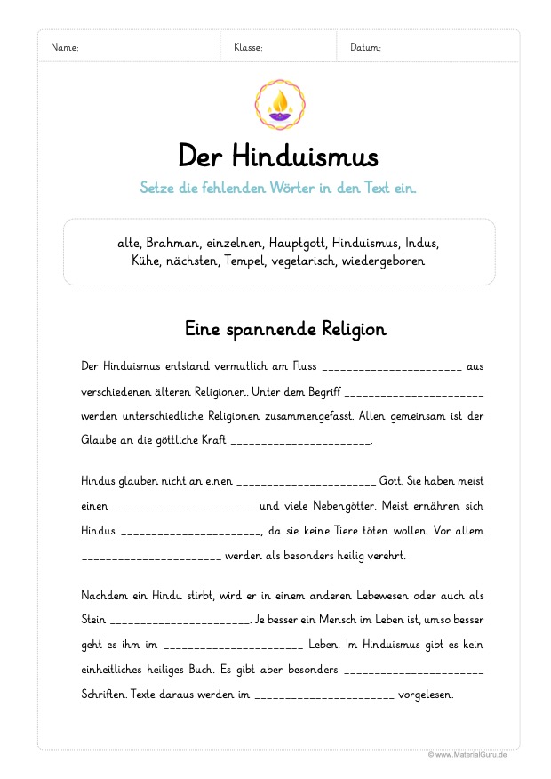 Arbeitsblatt: Lückentext Hinduismus