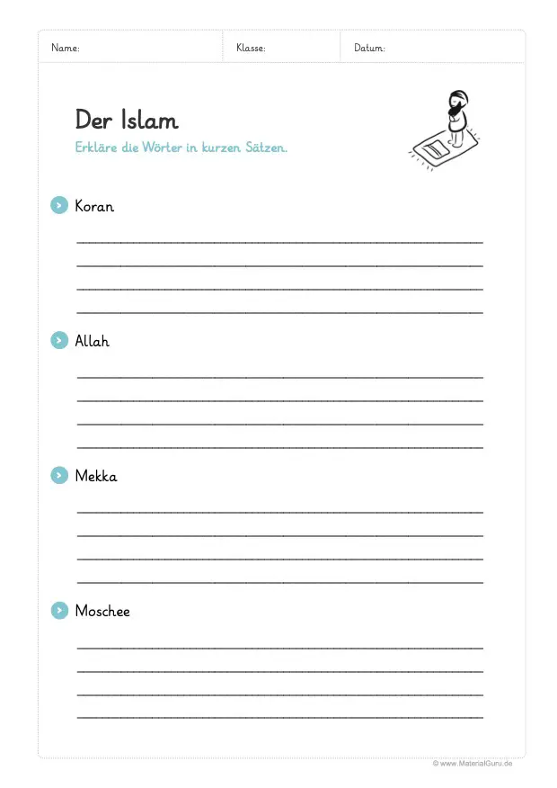 Arbeitsblatt: Begriffe rund um den Islam erklären 01