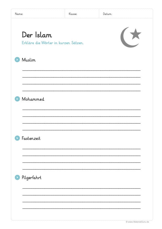 Arbeitsblatt: Begriffe rund um den Islam erklären 02