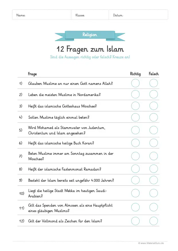 Arbeitsblatt Islam: 12 Fragen mit richtig oder falsch beantworten