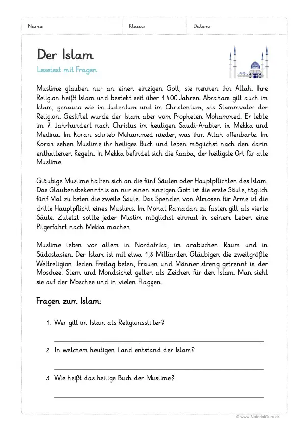 Arbeitsblatt: Lesetext Islam (mit Fragen)