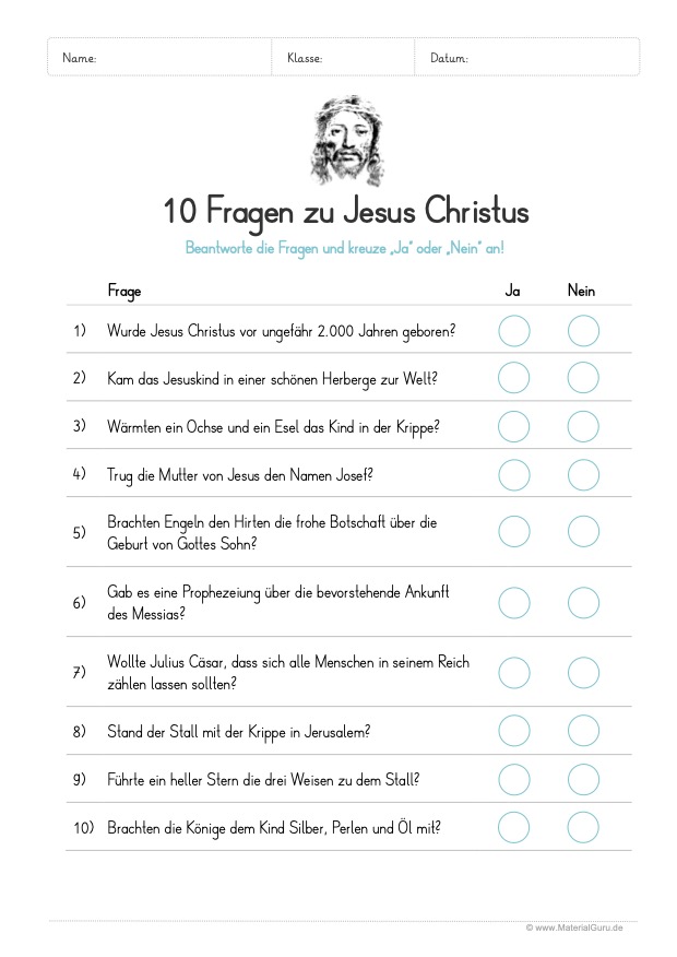 Arbeitsblatt: 10 Fragen zu Jesus Christus