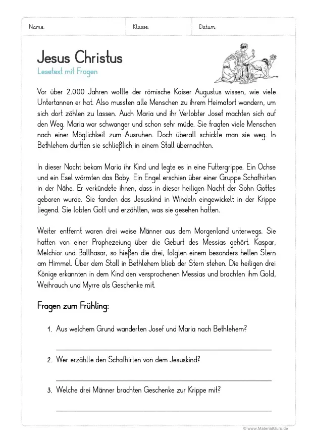 Arbeitsblatt: Lesetext zu Jesus Christus (mit 3 Fragen)