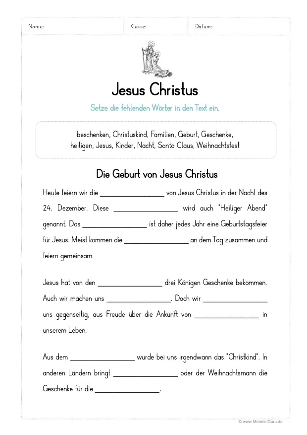 Arbeitsblatt: Lückentext zu Jesus Christus