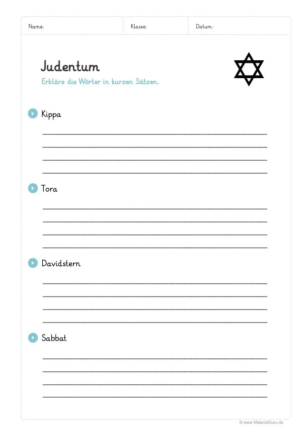 Arbeitsblatt: Begriffe rund um das Judentum erklären 01
