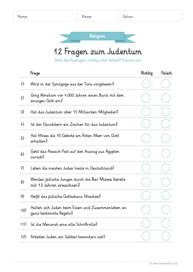 Arbeitsblatt Judentum: 12 Fragen mit richtig oder falsch beantworten