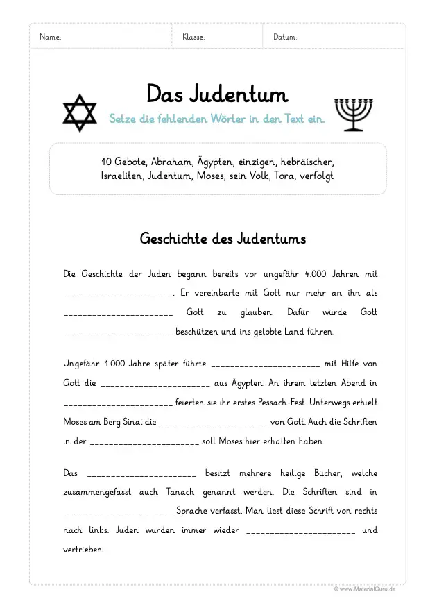 Arbeitsblatt: Lückentext Judentum