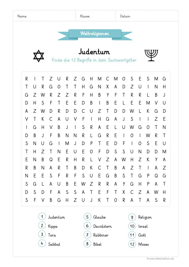 Arbeitsblatt: Suchsel Judentum