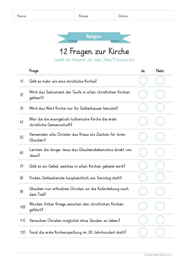 Arbeitsblatt: 12 Fragen zur Kirche