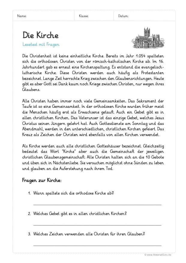 Arbeitsblatt: Lesetext zur Kirche mit 3 Fragen