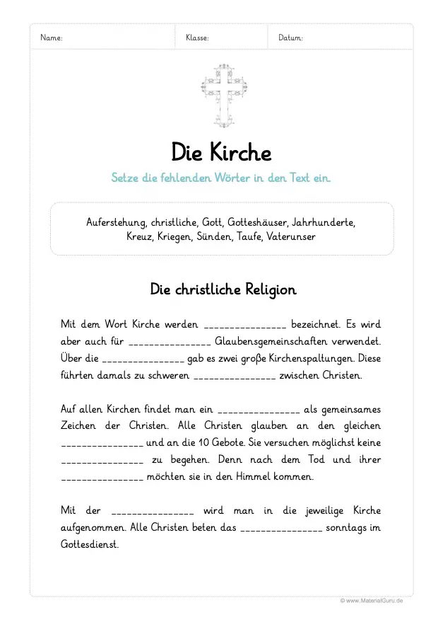 Arbeitsblatt: Lückentext zur Kirche