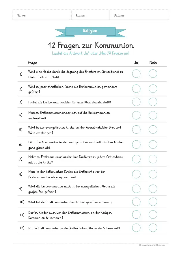 Arbeitsblatt: 12 Fragen zur Kommunion