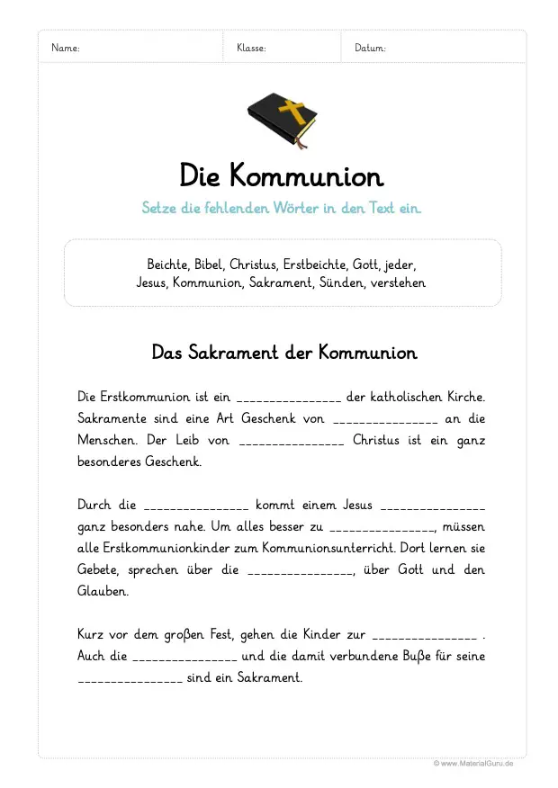 Arbeitsblatt: Kommunion Lückentext