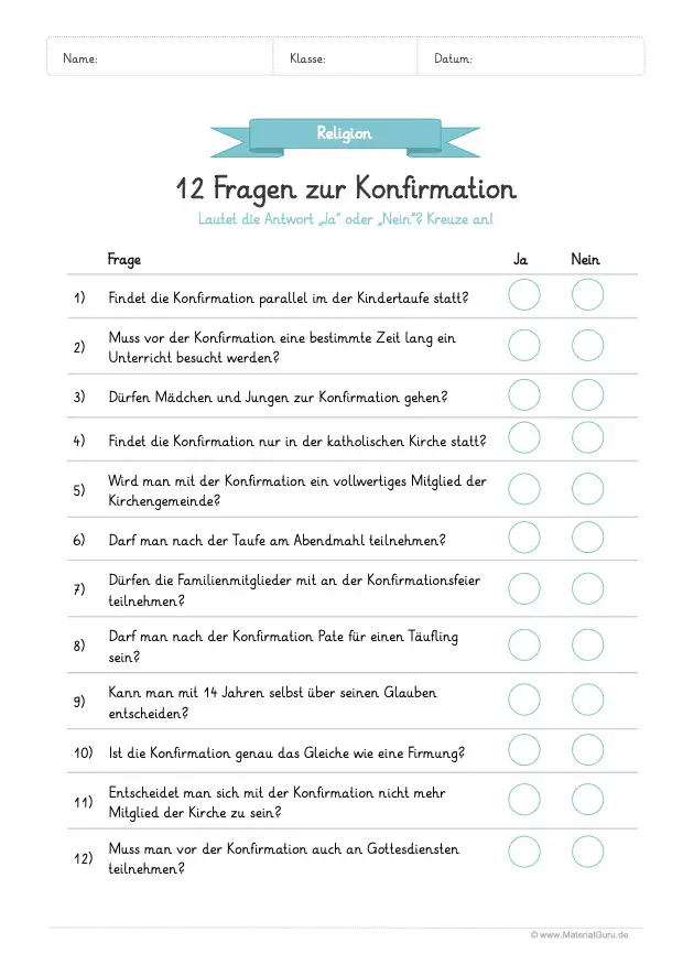 Arbeitsblatt: 12 Fragen zur Konfirmation