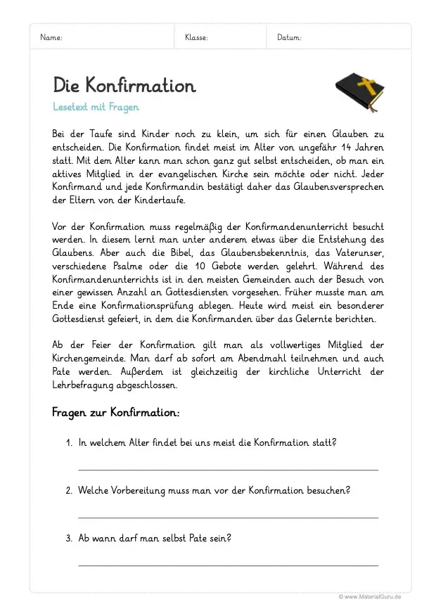 Arbeitsblatt: Lesetext zur Konfirmation mit 3 Fragen