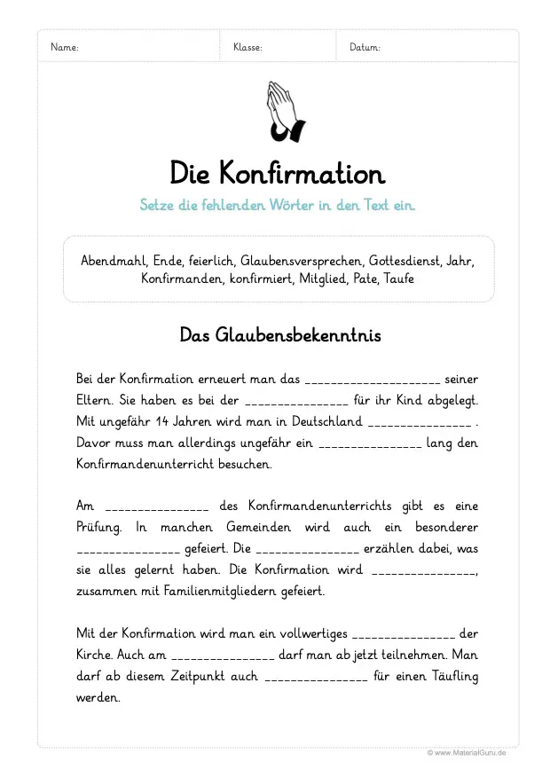 Arbeitsblatt: Konfirmation Lückentext