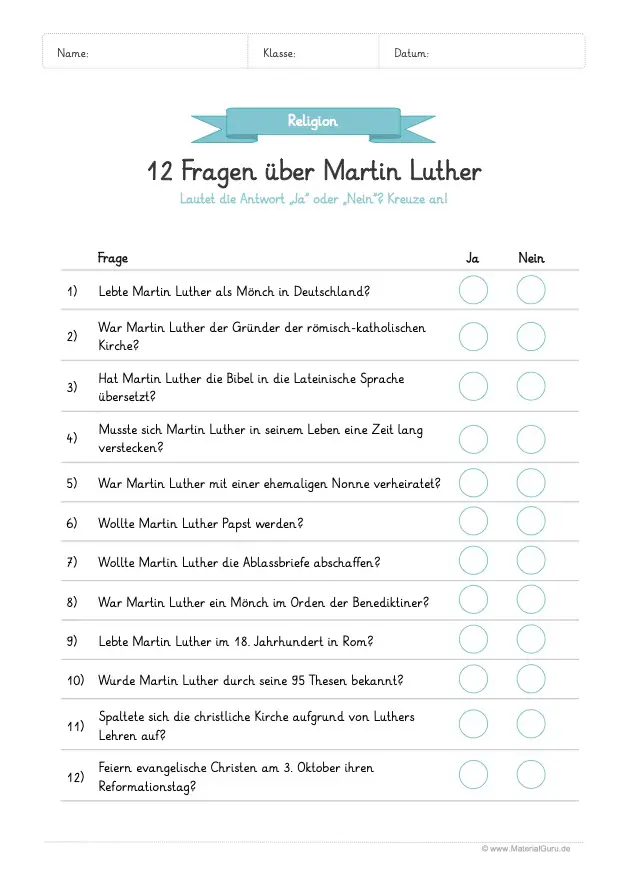 Arbeitsblatt: 12 Fragen über Martin Luther
