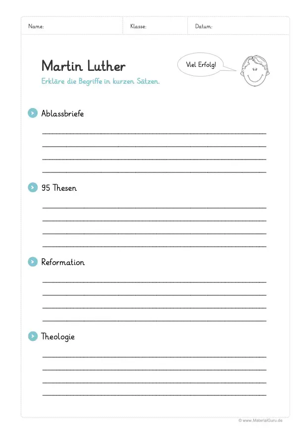 Arbeitsblatt: Begriffe rund um Martin Luther erklären