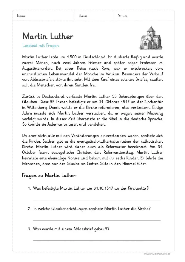 Arbeitsblatt: Lesetext Martin Luther mit 3 Fragen