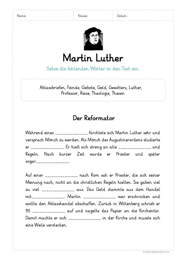 Arbeitsblatt: Martin Luther Lückentext