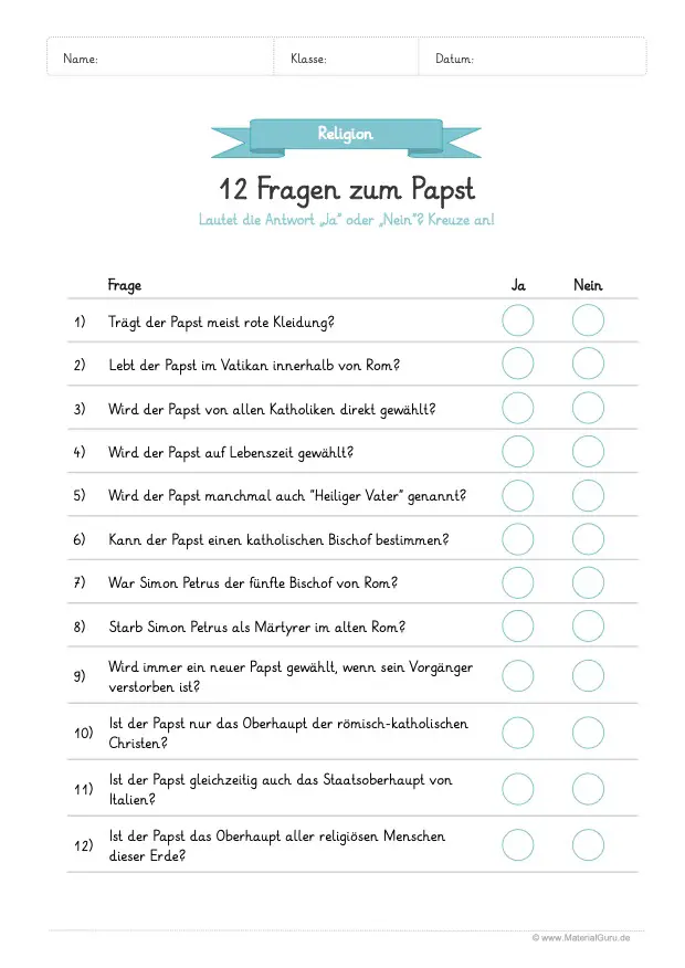 Arbeitsblatt: 12 Fragen zum Papst