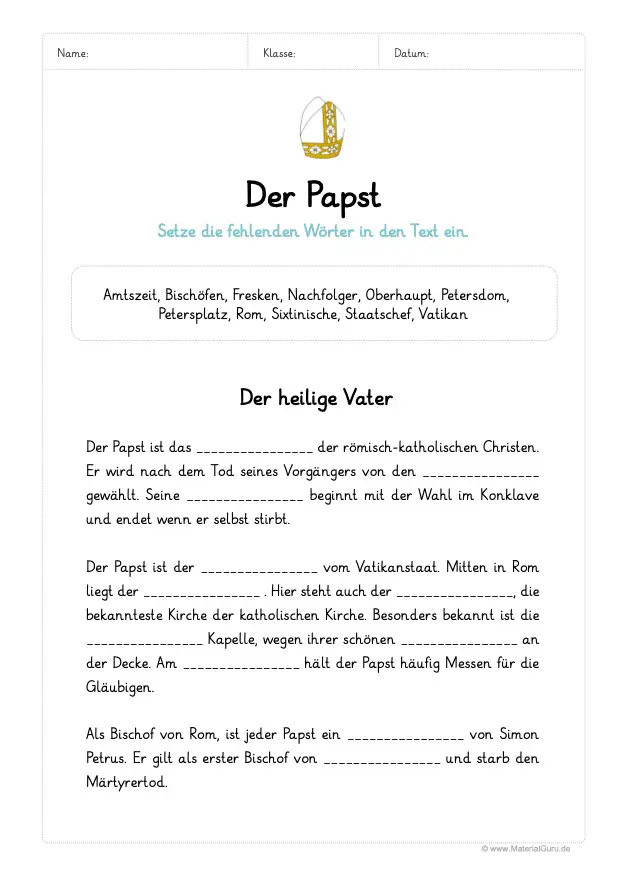 Arbeitsblatt: Der Papst - Lückentext