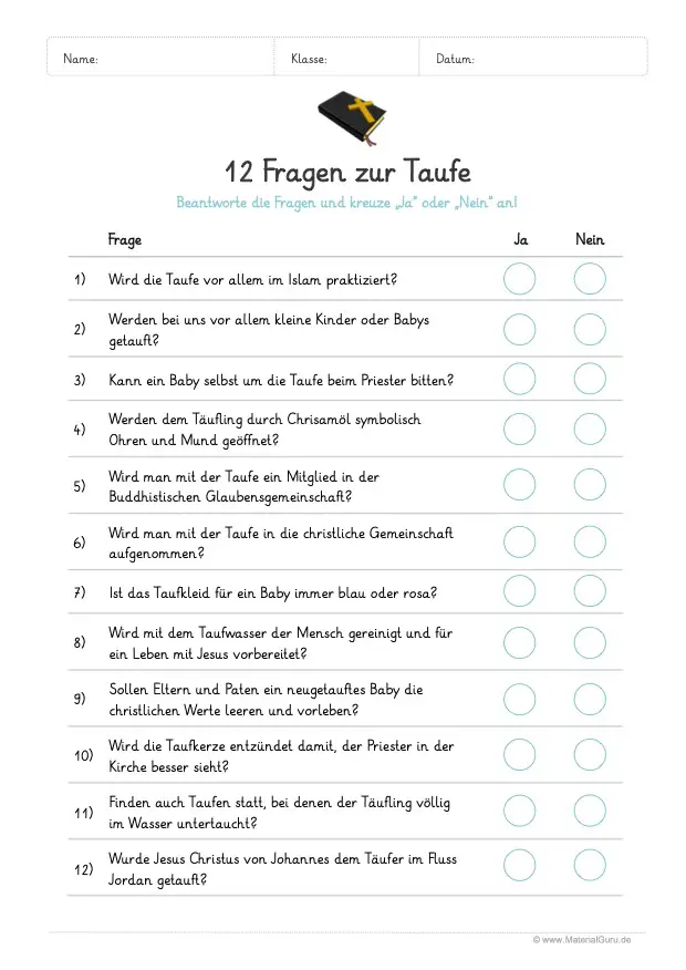 Arbeitsblatt: 12 Fragen zur Taufe