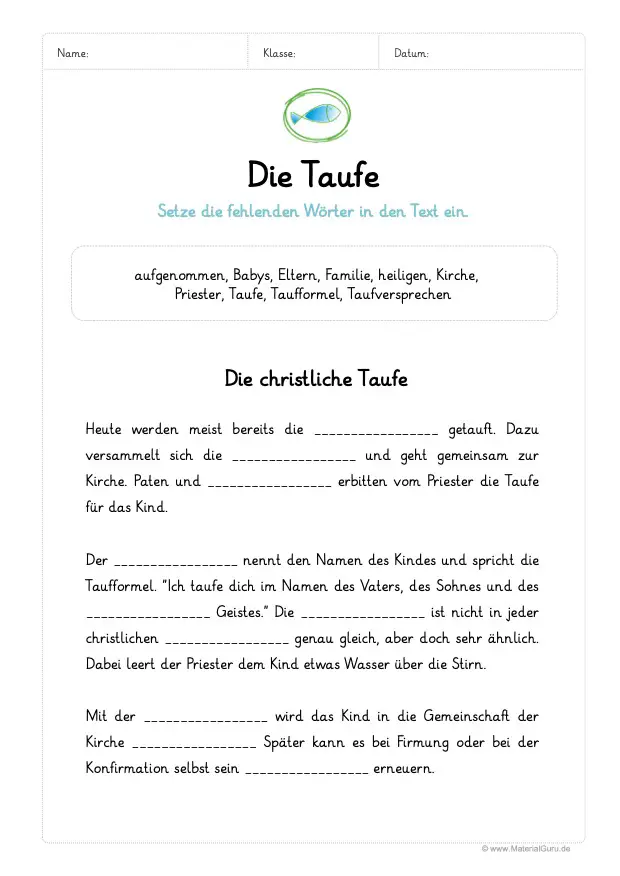 Arbeitsblatt: Taufe Lückentext