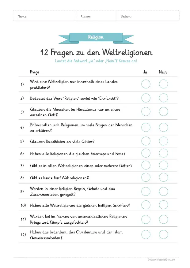 Arbeitsblatt: 12 Fragen zu den Weltreligionen