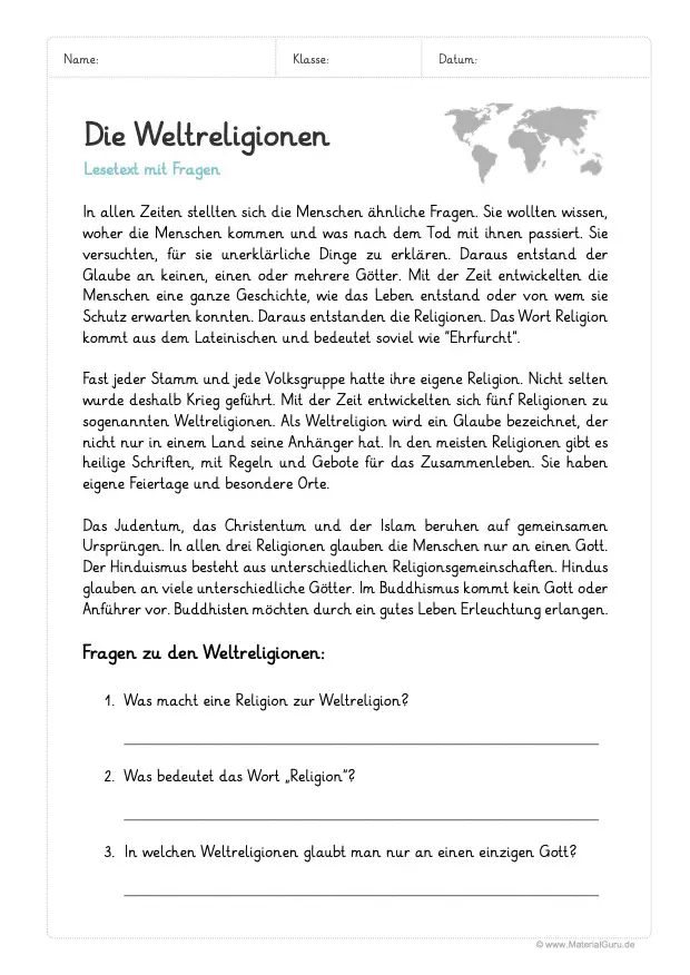 Arbeitsblatt: Lesetext zu den Weltreligionen mit 3 Fragen