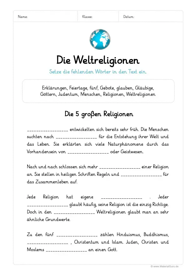 Arbeitsblatt: Weltreligionen Lückentext