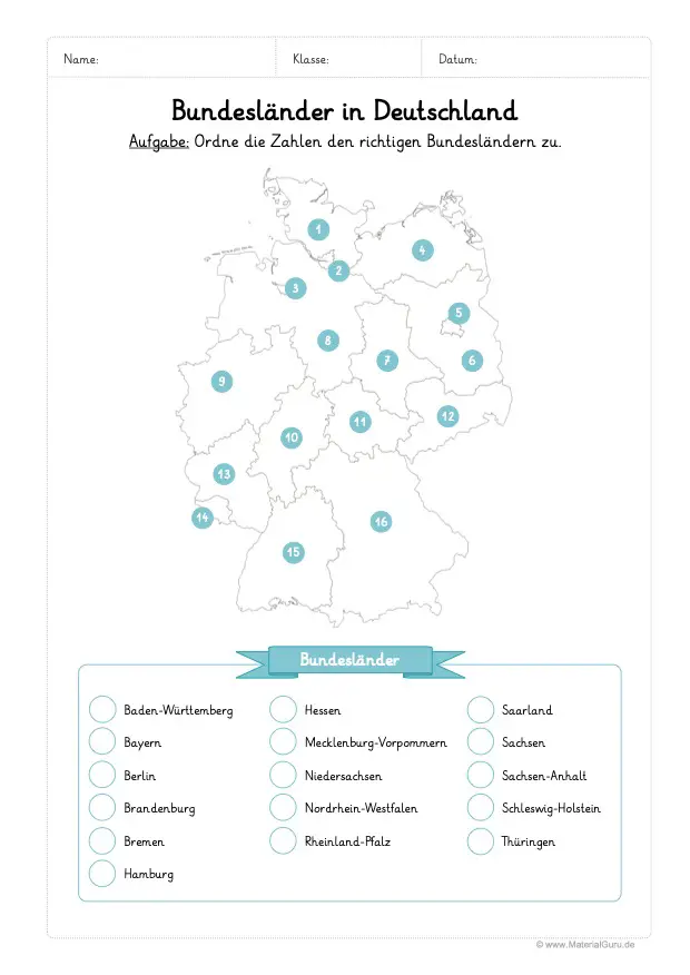 Arbeitsblatt: Bundesländer in Karte eintragen