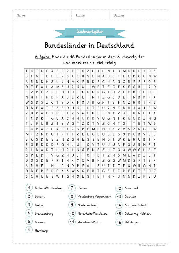 Arbeitsblatt: Bundesländer Suchwortgitter