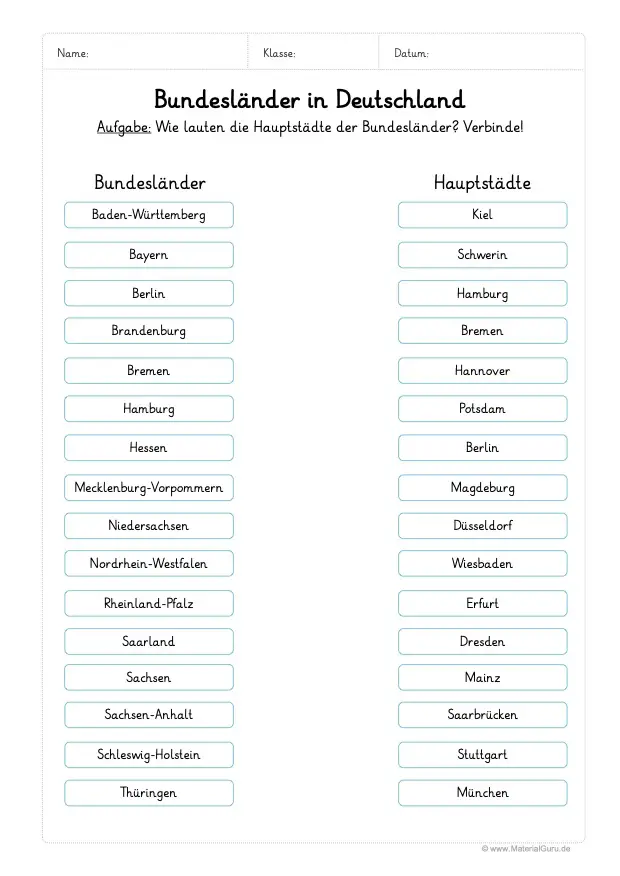 Arbeitsblatt: Bundesländer und Hauptstädte verbinden