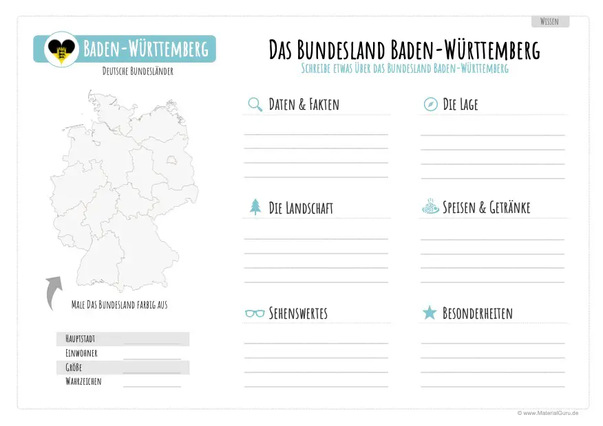 Arbeitsblatt: Vorlage - Daten zu Baden-Württemberg aufschreiben