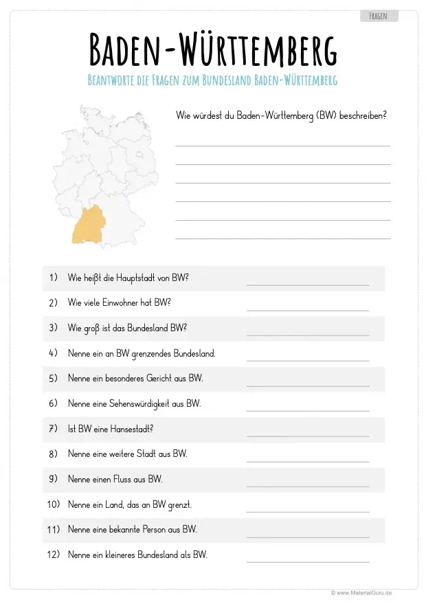 Arbeitsblatt: 12 Fragen zu Baden-Württemberg