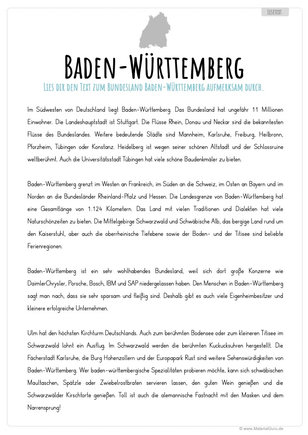 Arbeitsblatt: Lesetext über Baden-Württemberg mit Fragen